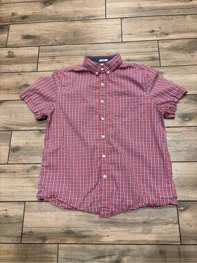 Hawker Rye Mens Large Coral Red Blue Plaid Stretch Short Sleeve Shirt